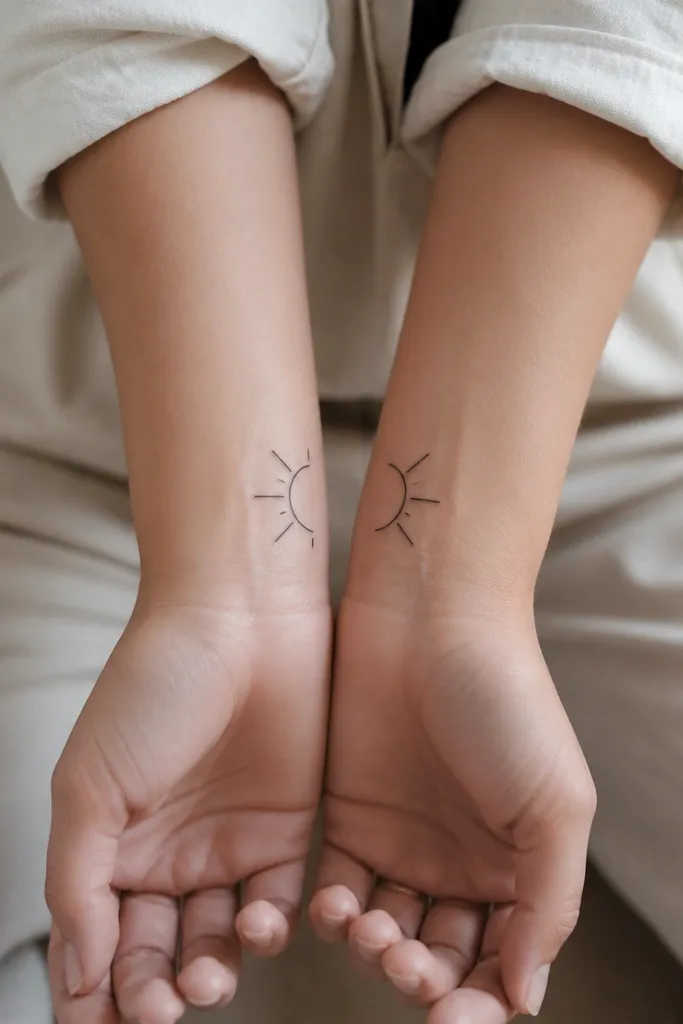 A minimalist half-circle sun on one wrist and a matching half-circle sun on the other wrist, with the halves facing each other. The sun is drawn with a thin black outline and 3 short rays.