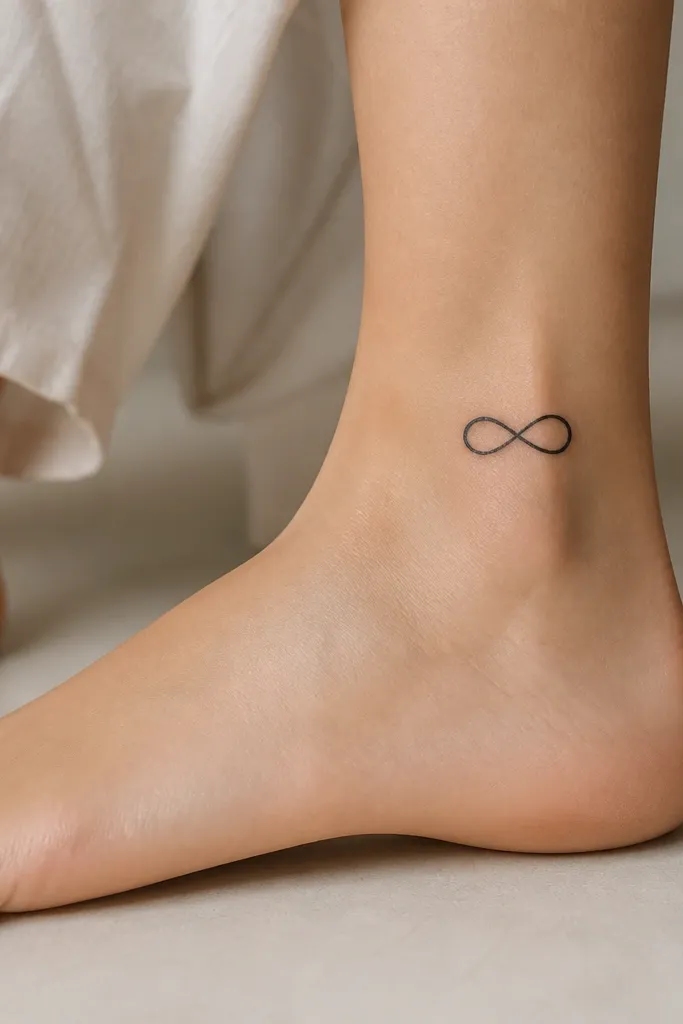 A single-line infinity symbol drawn in black on the inner ankle. The loops are equal size, with a slight taper at the crossing point.