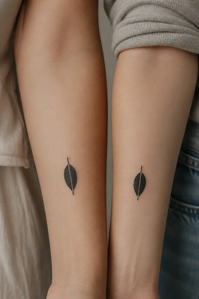 Two small black leaf silhouettes on forearms. Each leaf has one central vein line and a simple stem, placed with the leaf tip pointing down.