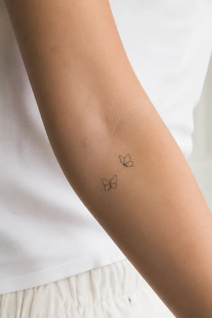 A micro butterfly outline in black on the outer forearm. The wings are two simple curves with a small center body line. The second butterfly is the same size but angled slightly upward.