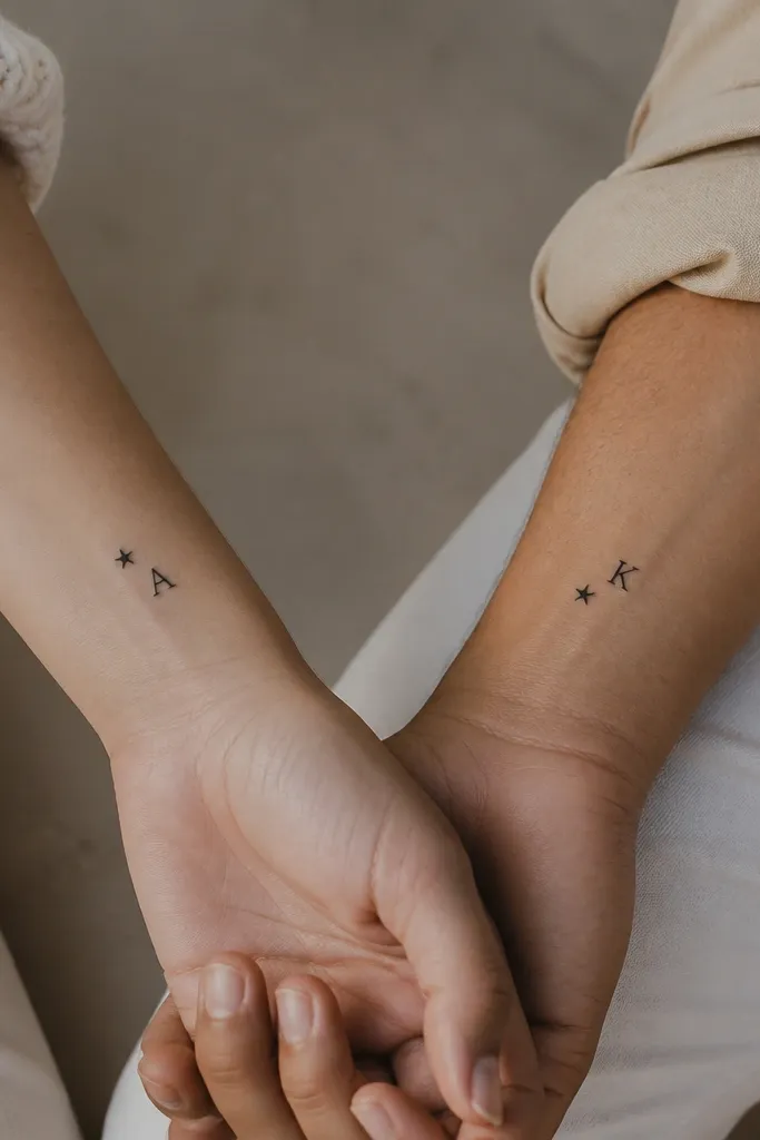 A small black tattoo of two separate pieces: an initial letter on one wrist and a small five-point star on the other wrist. The star is placed near the initial on each person.