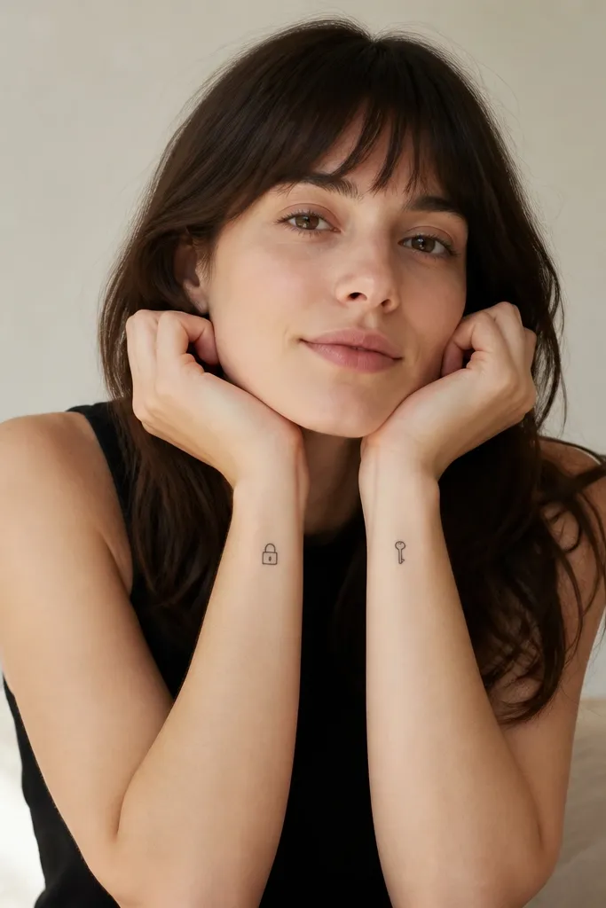 One arm has a tiny black lock outline with a short shackle. The other arm has a tiny black key outline with a round head and a simple bow. Both are about the same size and placed on the inner forearm.