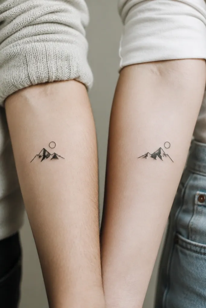 Two small black mountain range icons with three peaks and one thin sun circle in the corner. One person's mountain is on the left side of the forearm, the other's is on the right.