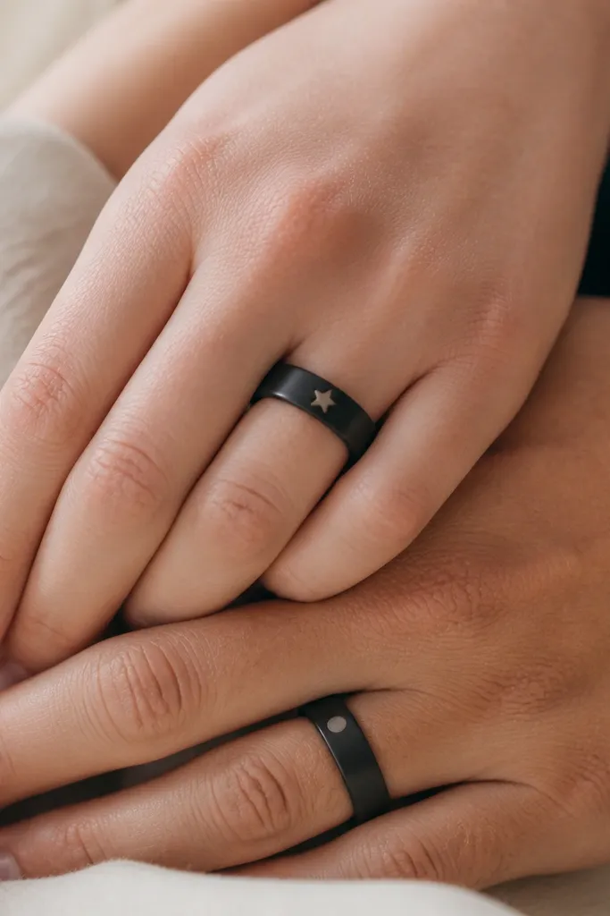 A minimalist black ring band on one finger with a small star cutout in the center. The matching tattoo on the other person's finger has the same ring band but the star is replaced with a dot.