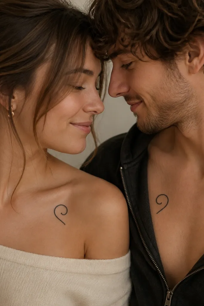 A small black half-heart on one person's collarbone with a single curved line inside; the matching half-heart on the other person mirrors the curve on the opposite side of the heart shape, with the inner space left clean for negative-space name initials.