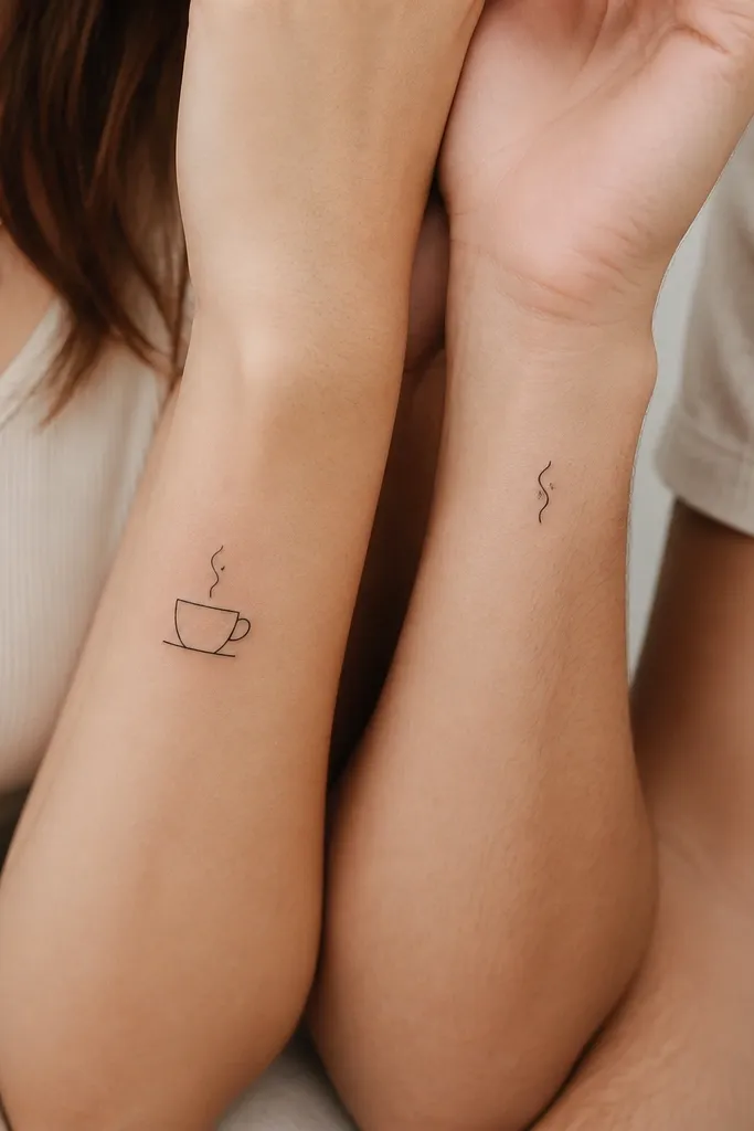 A minimalist line-art coffee cup with a thick base line and a small steam curl rising. The partner tattoo is a simplified matching steam curl only, placed near the thumb side of the wrist.