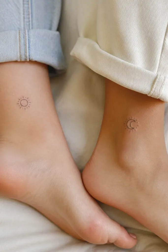A tiny minimalist sun circle with short dot rays on one ankle; the partner tattoo is a tiny minimalist moon crescent with the same dot-ray border style on the other ankle.
