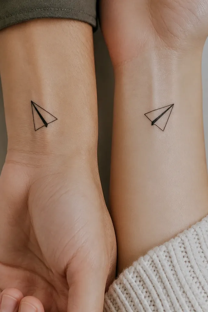 A small black outline paper plane on the inner wrist with one bold fold line; the partner plane has the same outline but a different single fold line running across the wing.