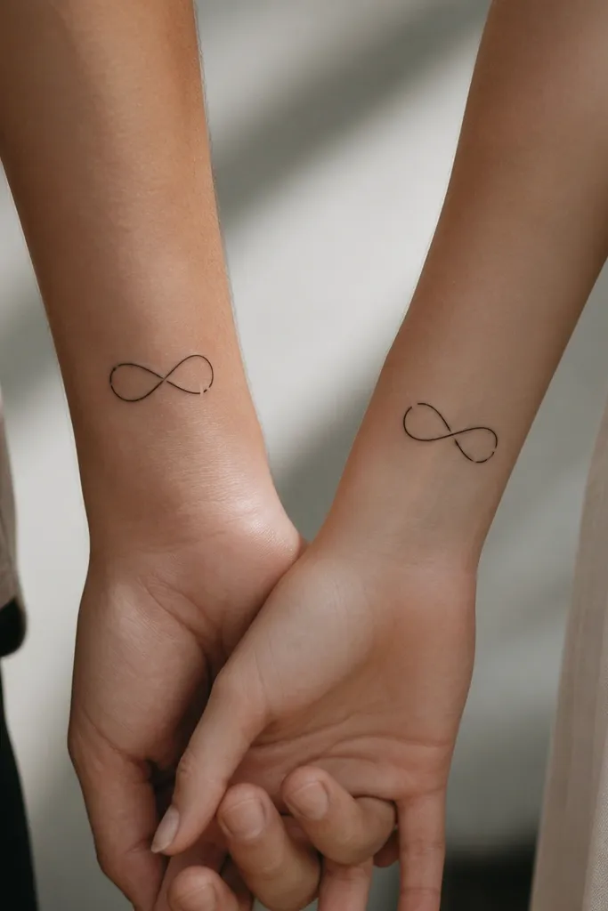 A minimalist infinity symbol drawn in black linework with a tiny gap in the loop on one wrist; the partner has the same infinity but the gap is on the opposite loop.