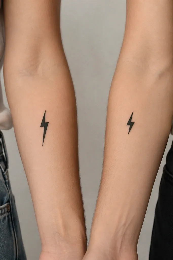 A small black lightning bolt on the forearm with a longer pointed tip; the partner bolt shows the same shape but a shorter tip, both centered and aligned.