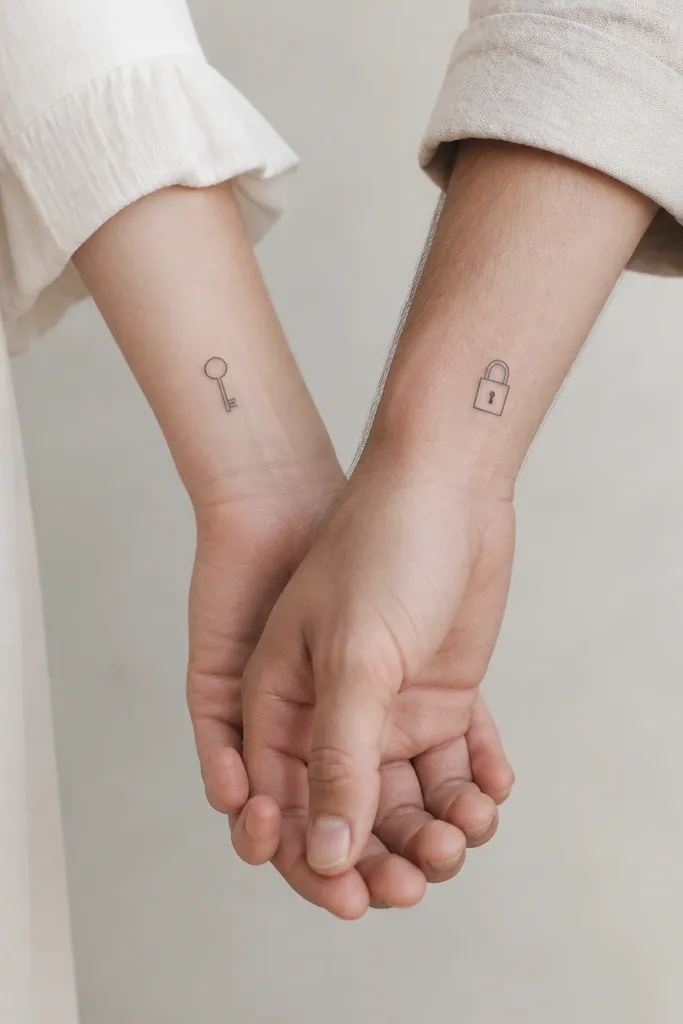 A small minimalist key on one wrist with a round head and two teeth; the partner has a small lock outline with a matching round knob and a single keyhole.