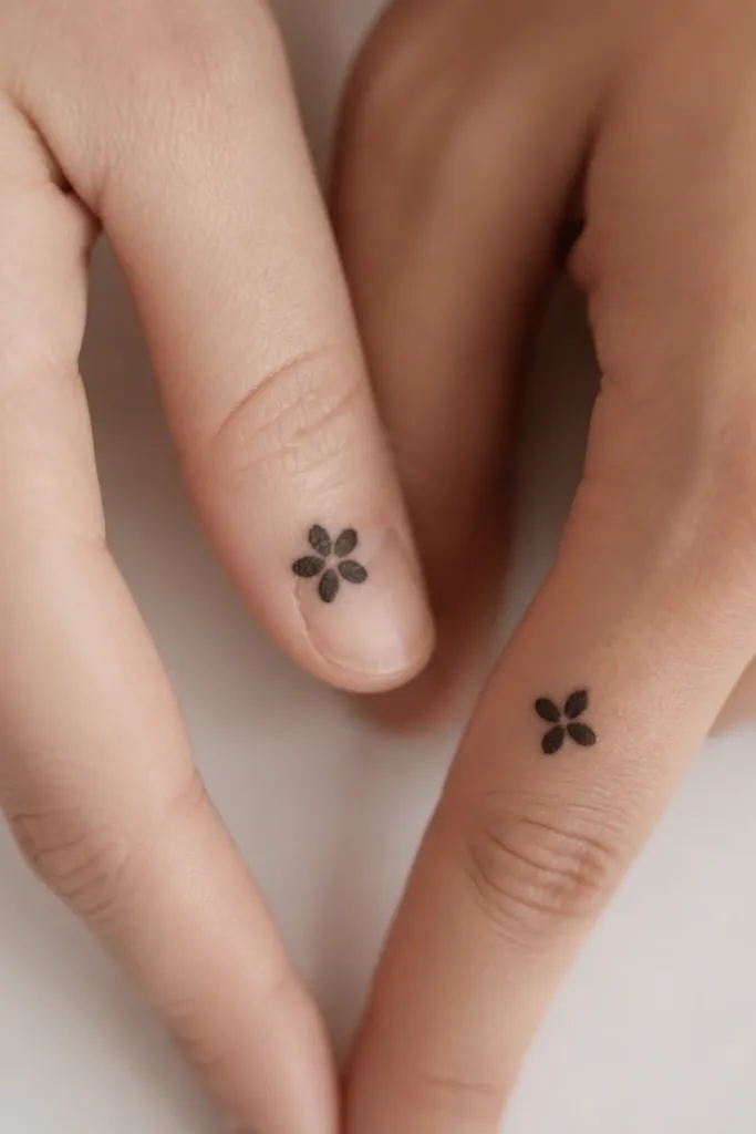 A small black daisy with five petals on the side of a finger; the partner daisy has four petals, with the missing petal location mirroring the other person's missing angle.