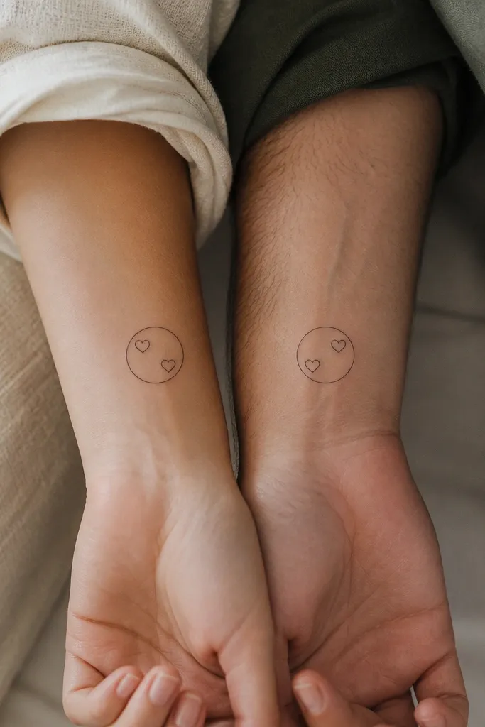 A thin circle outline on one wrist containing two tiny hearts stacked diagonally; the partner has the same circle but the hearts are swapped positions, like a mirror flip.