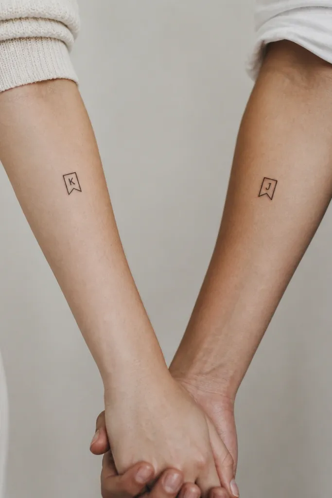 A small minimalist bookmark icon on one forearm with a tiny letter inside the bookmark slot; the partner bookmark has the same icon but a different single letter, both in black linework.