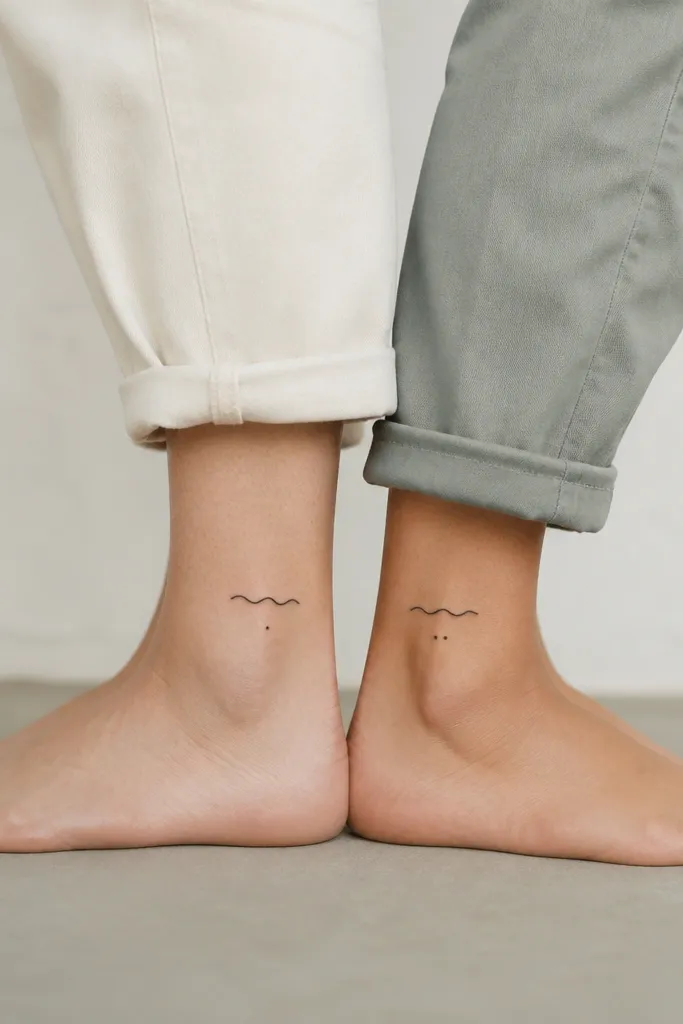 A small wave line on the ankle with a single dot under it; the partner has the same wave line but two dots under it, with the extra dot placed slightly to the side.