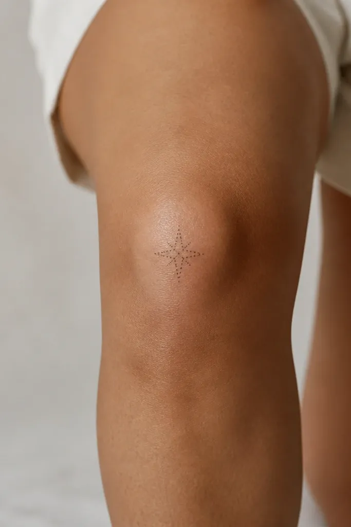 A mini compass rose made from tiny evenly spaced dots, centered on the front of the knee, with four small points and lots of skin showing between the dots.