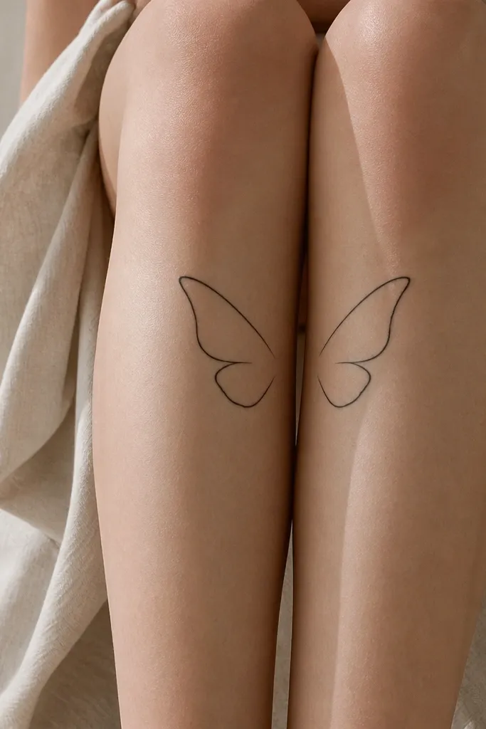 Two slim, symmetrical butterfly wing lines drawn in black ink on the inner knee, like a minimalist outline with no fill and a small gap in the center.