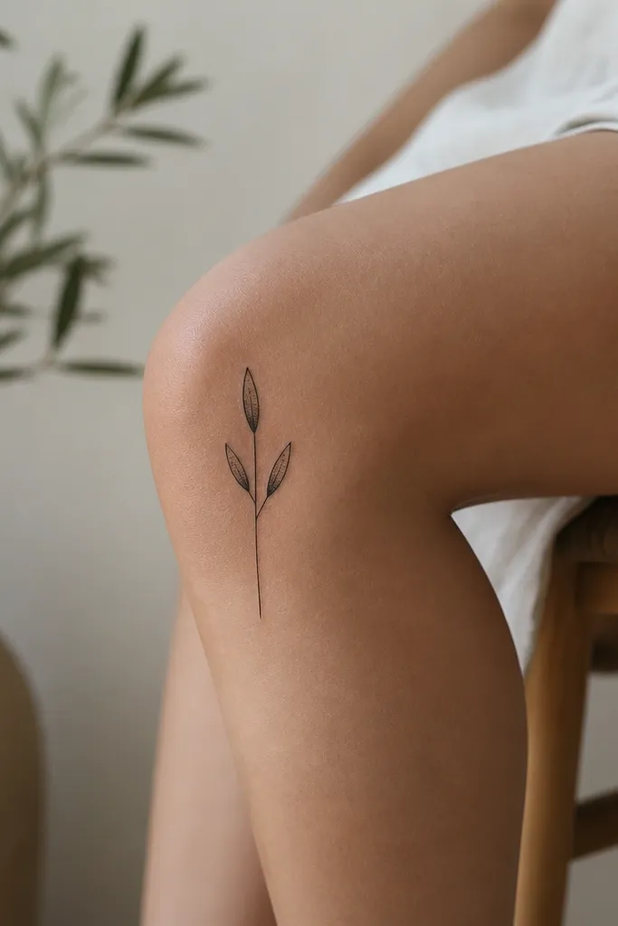 A thin vertical stem with three small olive leaves on the outer knee, drawn in black with tiny dot shading inside each leaf tip.