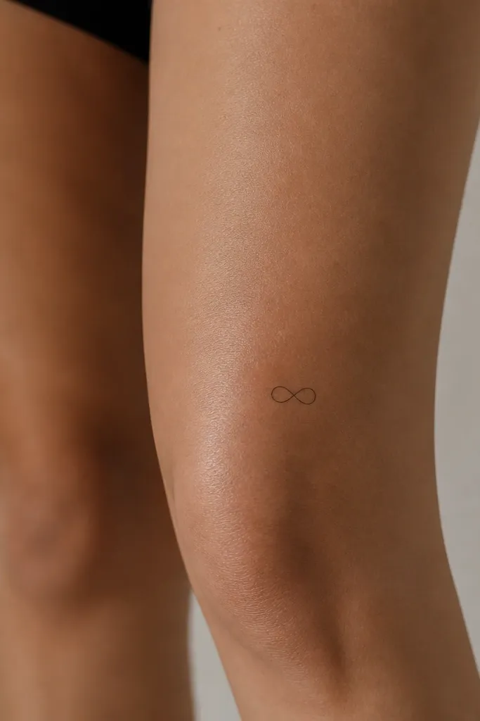 A thin black infinity symbol drawn horizontally across the outer knee, small and spaced with lots of skin showing inside the loops.