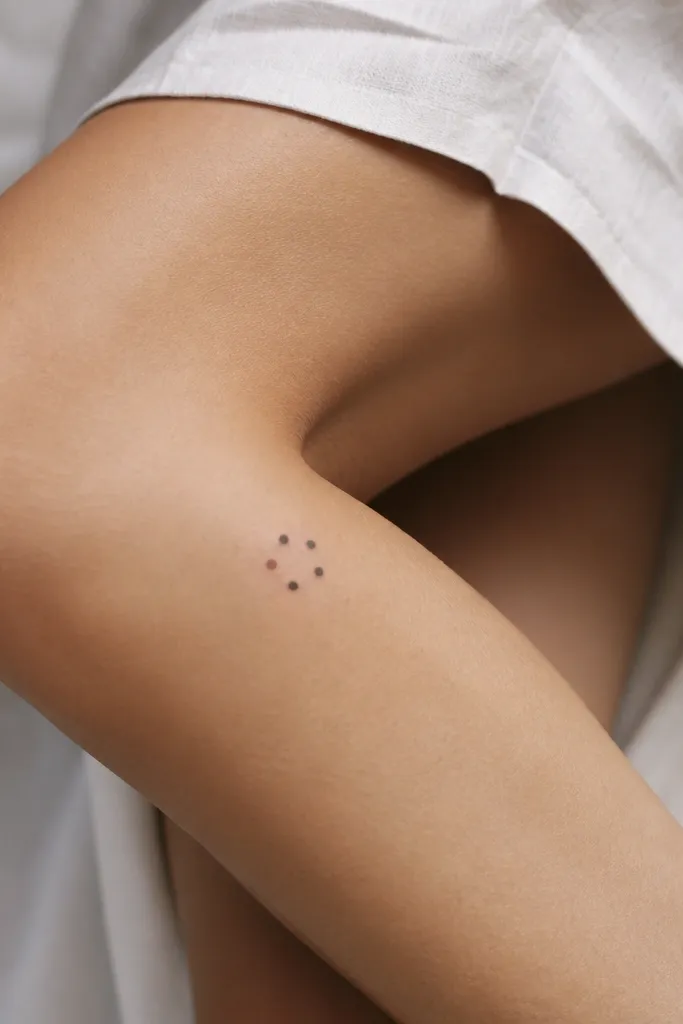 A small cluster of five dots forming a subtle circle on the inner knee, with one dot slightly tinted in muted color and the rest black.
