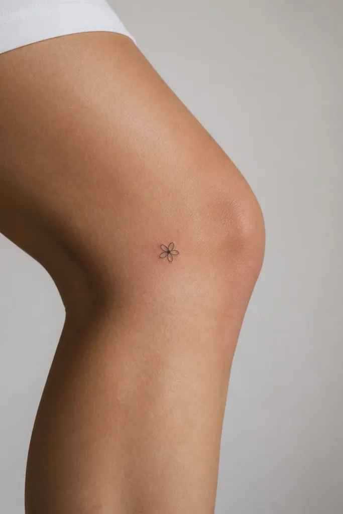 A tiny black daisy on the outer knee with five thin petal lines and a single dot filled center, no background shading.