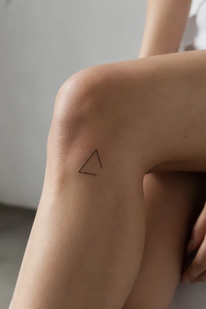 A small thin black triangle on the front of the knee, with one corner missing so the triangle looks like a broken outline.