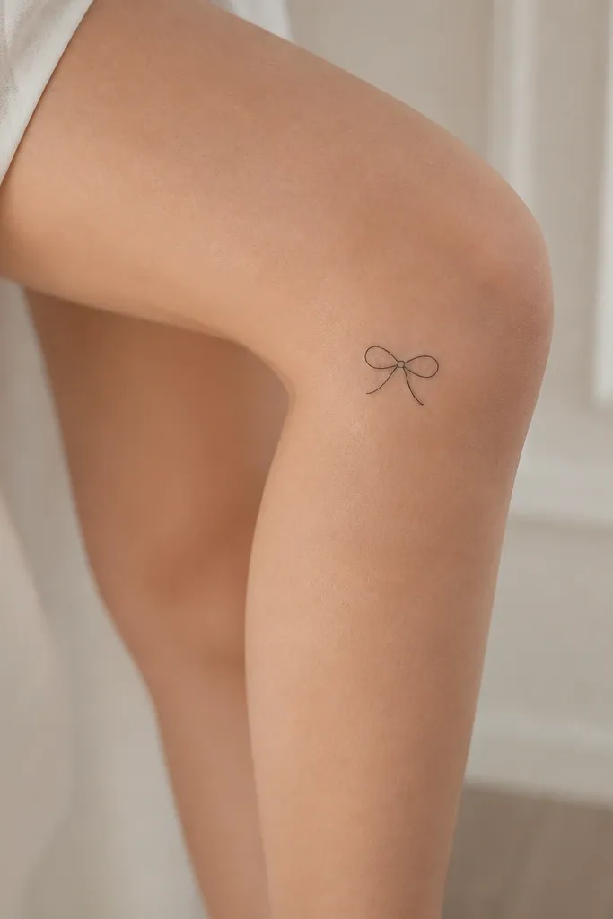 A small black outline ribbon bow on the outer knee, with two loop shapes and a tiny knot in the middle, no shading.