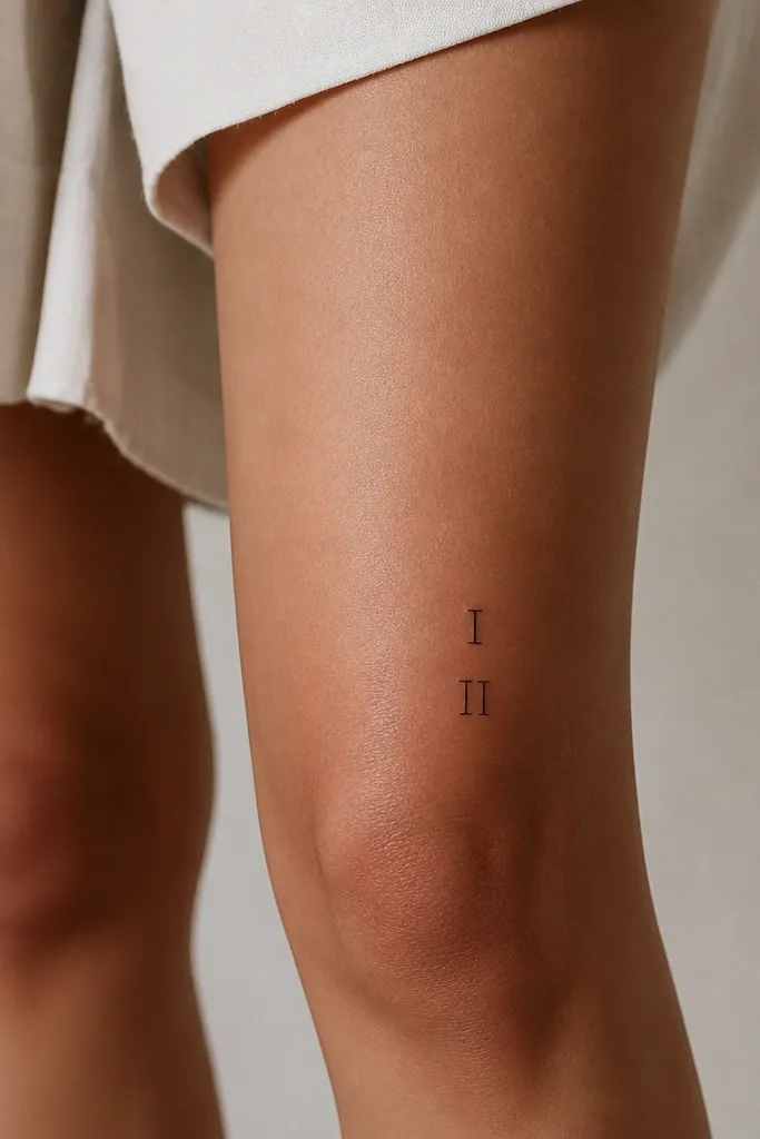 A slim vertical strip of two Roman numerals in black ink on the outer knee, with clean linework and no decorative flourishes.