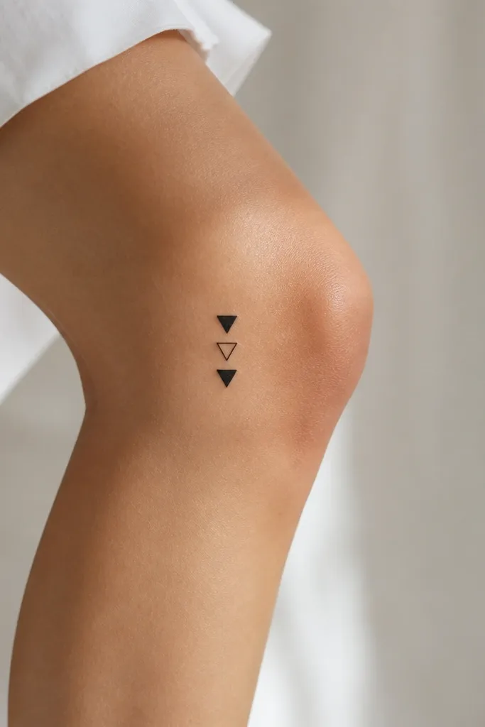 Three small triangles stacked like a vertical column on the outer knee, alternating filled black and outline only, with crisp corners and sharp negative space.