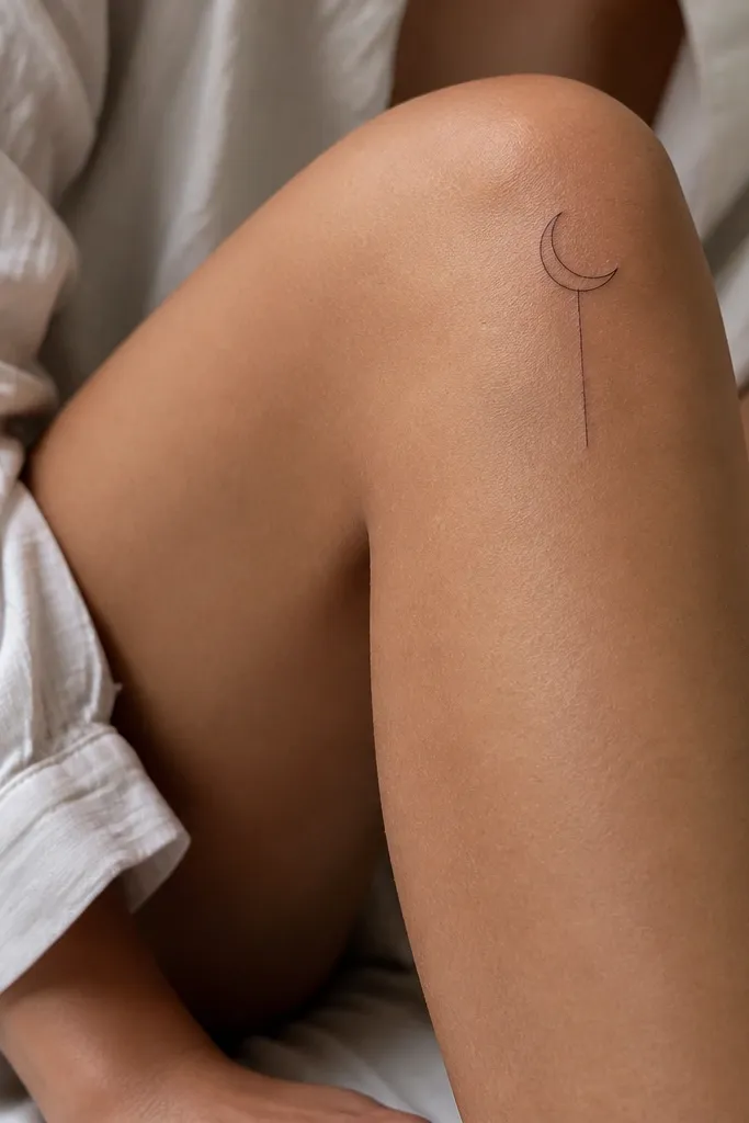 A thin crescent moon outline on the outer knee with a single straight line extending downward like a small tail; lots of skin shows between lines.