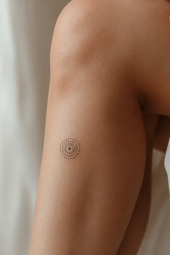 A tiny mandala circle made from one central dot and evenly spaced dot rings on the lower inner knee near the upper shin.