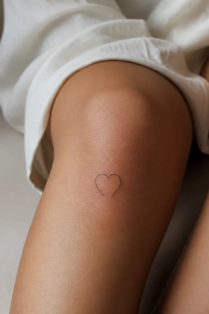 A small heart outline on the front of the knee with a split in the bottom center where the skin shows through, creating a deliberate gap.