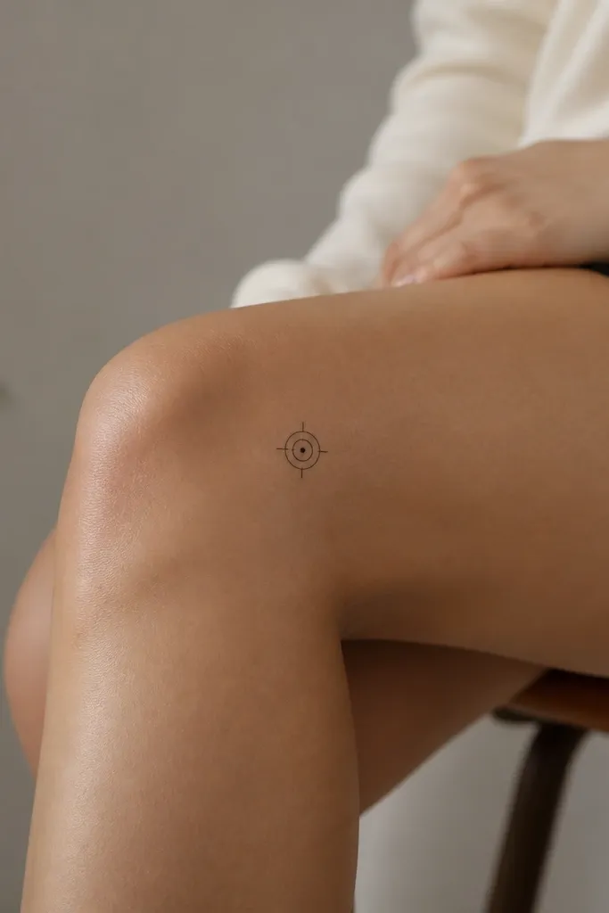 A small target symbol on the outer knee with a center dot, two thin rings, and short crosshair lines at cardinal directions.