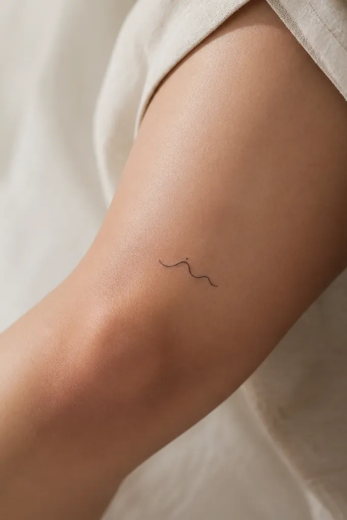 A minimalist wave line on the inner knee with one dot at the highest crest, leaving lots of blank skin around it.