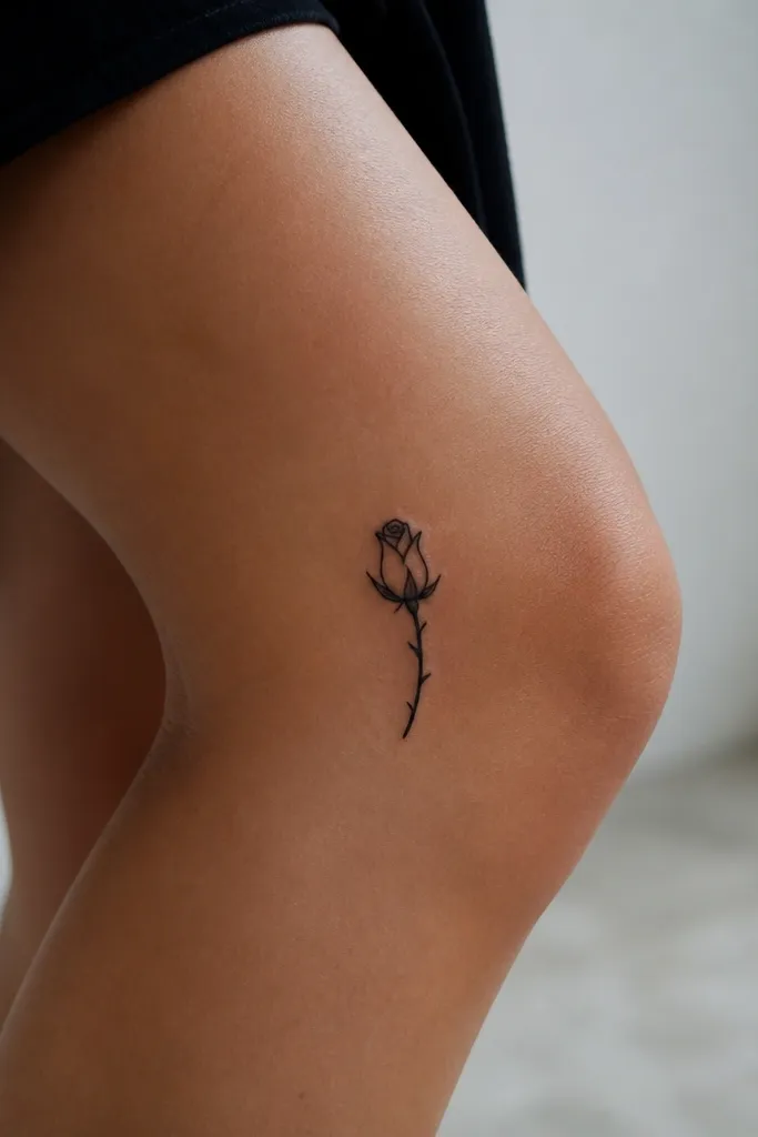 A small black rosebud outline with a few micro-thorn points around the stem on the outer knee, mostly black with minimal shading.