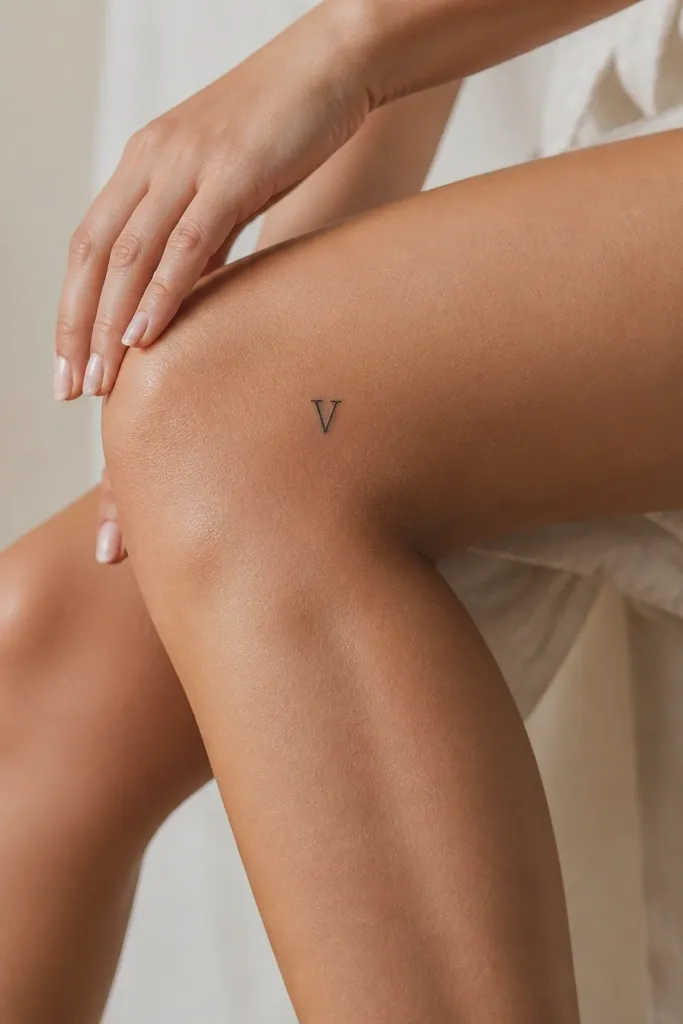 A clean Roman numeral V in thin black ink on the upper outer knee, sized so it sits above the kneecap with plenty of breathing space.