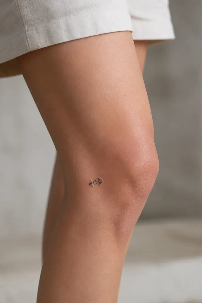 A tiny barbell icon with two short parallel bars and a small center circle on the lower outer knee, crisp and black.