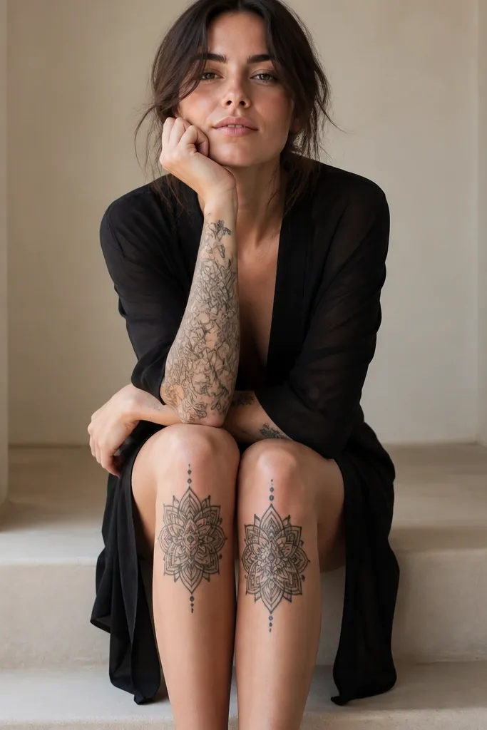 Bold placement knee tattoos for women