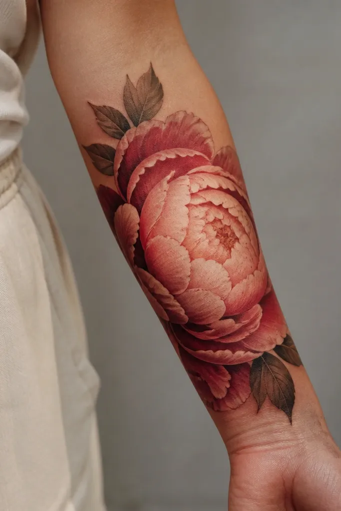 A peony cover on the forearm painted in warm reds and dusty pinks. Petals show layered shading with small broken dots and tiny specks, mostly in the midtones. The outer petals are darker and the inner petals glow lighter.