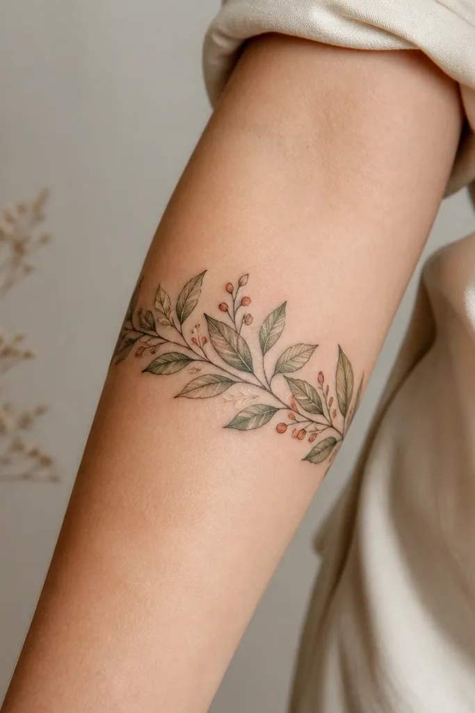 A curved band around the forearm with layered leaves and small stems. Leaves are in sage green and muted olive with darker outlines. There are tiny cream-white highlights on the leaf veins and a few small berries in soft rust tones.