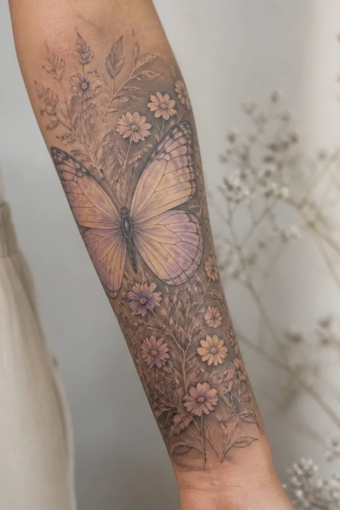 A forearm cover up showing a butterfly with translucent-looking wings. The wings have pale yellow and soft lilac gradients. Under and around it is a floral lattice of thin stems and small flowers, with slightly thicker shading behind the lattice.