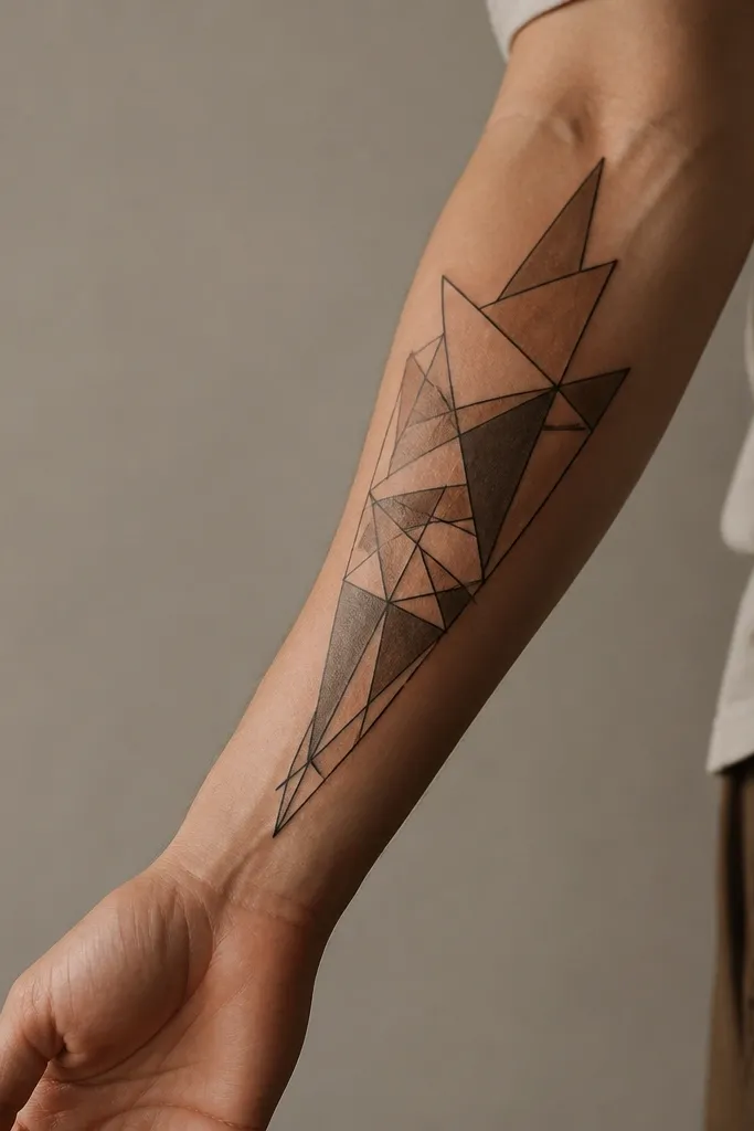 A forearm design made of overlapping geometric triangles. The triangles are shaded in warm beige, light tan, and muted brown with crisp black edges. One triangle cluster sits centered, with the edges tapering toward the wrist and elbow.
