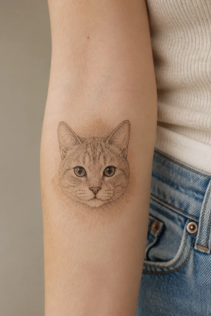 A centered cat face on the forearm. The outline is soft and the fur is built with dotwork across the cheeks and forehead. The eyes are dark with a tiny highlight dot, and there's a faint warm brown wash behind the face.