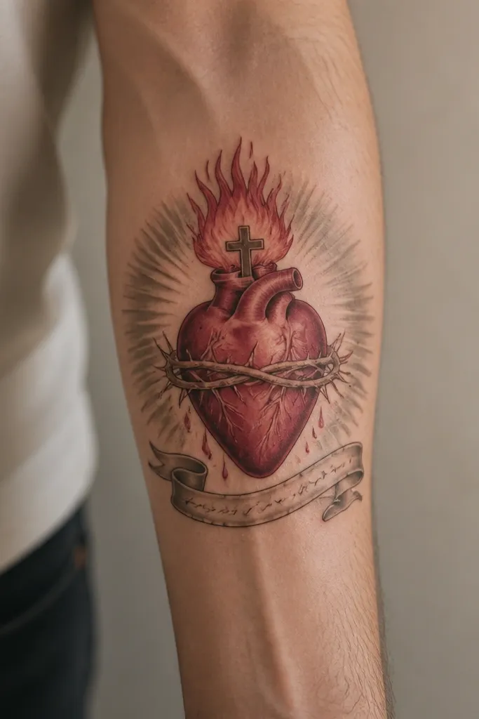 A sacred heart centered on the forearm, colored in deep reds with lighter pink highlights. Behind it is a soft gray halo. A ribbon banner curves across the bottom with small script-like lettering marks that are not fully readable, just decorative.