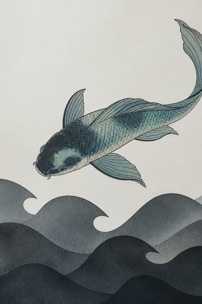 A koi fish in muted teal, blue, and soft gray with a darker outline. Below it are layered waves in charcoal and slate, forming blocky wave shapes that cover a larger area. The koi has small scales suggested with fine dots.