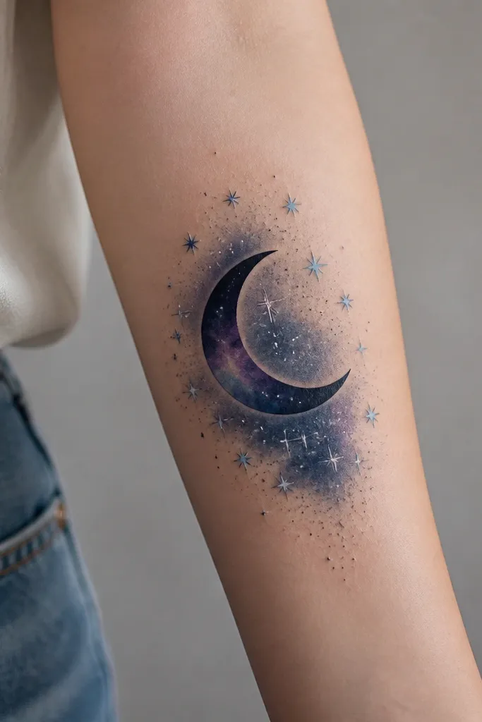 A crescent moon on the forearm filled with deep navy and subtle purple gradients. Around it is a scatter of small stars in light blue and silver. The background has a soft navy wash that fades outward, with a few tiny specks like stardust.