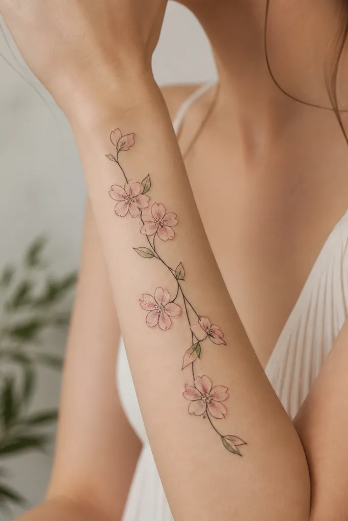 A thin vine wrapping along the forearm with small flowers. The main outlines are black, but the petals have rose-pink dot shading and a few tiny filled-in centers. The vine has small leaves with light green tint and soft gray shadows behind select petals.