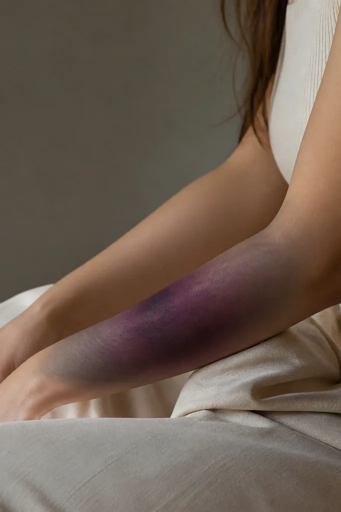 An ombre patch across the forearm. The center is deep plum purple, fading outward into charcoal gray. There are soft edges and a few darker brush-like streaks across the middle, with no clear images other than the color gradient.