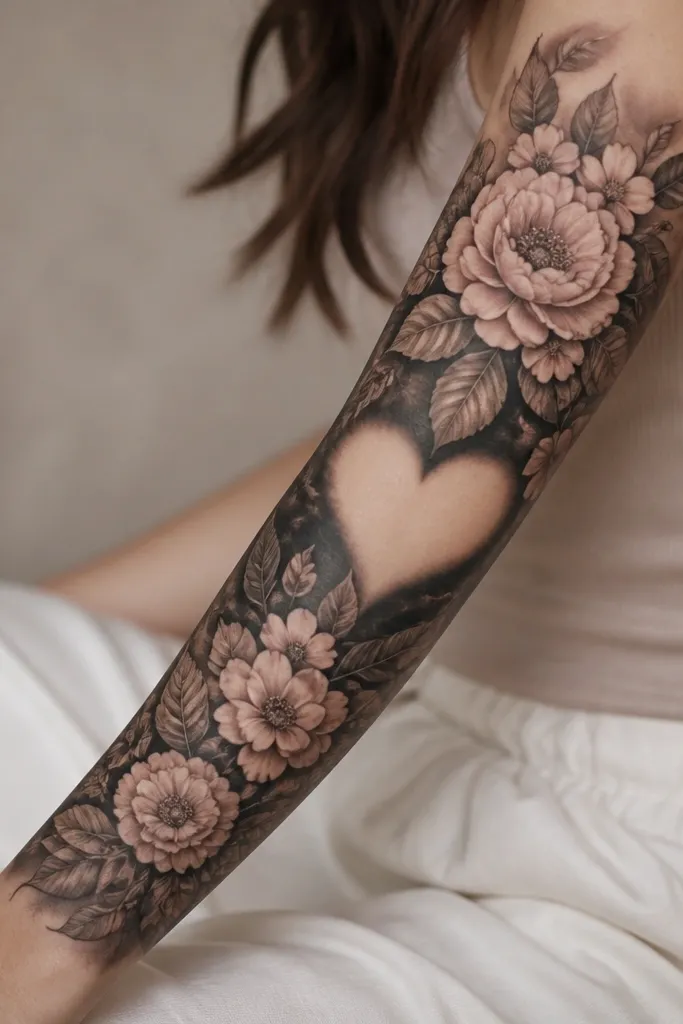 A forearm cover with a cluster of flowers at the top and bottom, framed by dark charcoal shading. In the center is a heart-shaped negative space area where the skin shows through. The flowers include muted blush petals and small gray leaves.