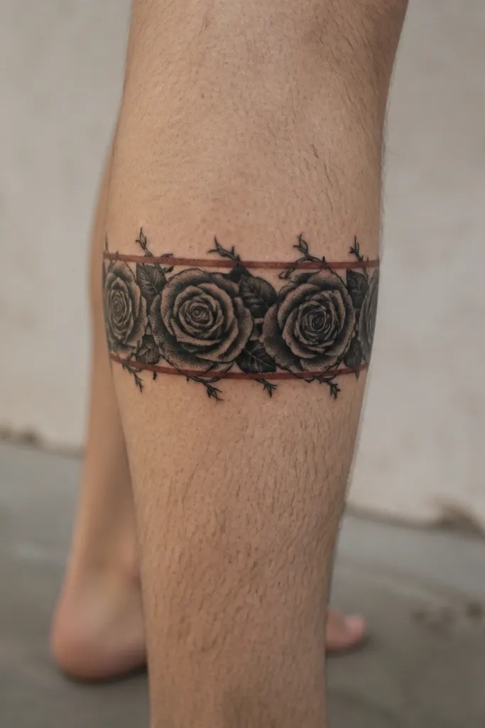 A rose band wrapped around the upper calf with charcoal-black petal shading, a thin rust-red ring near the petals, and small curled thorns at the edges.